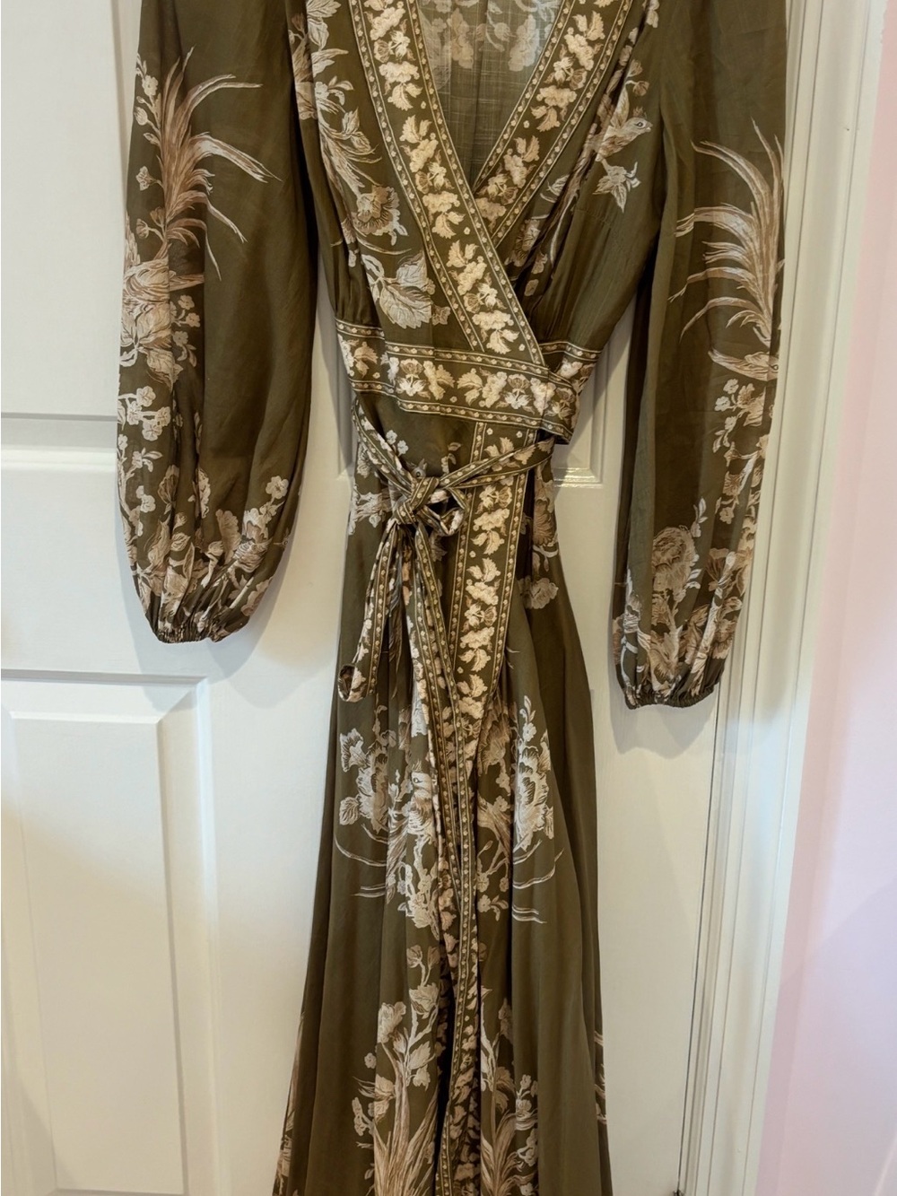 Zimmermann Olive Green Floral Wrap Maxi Dress with Cream Print Size 0
